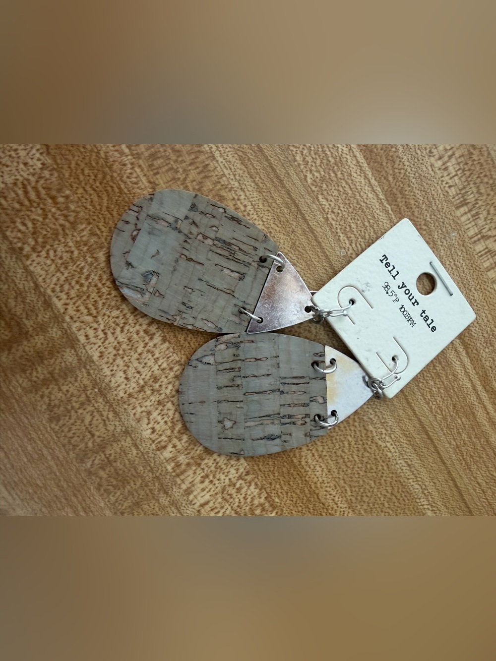 Light Gray Cork Teardrop Earrings with Silver Accents